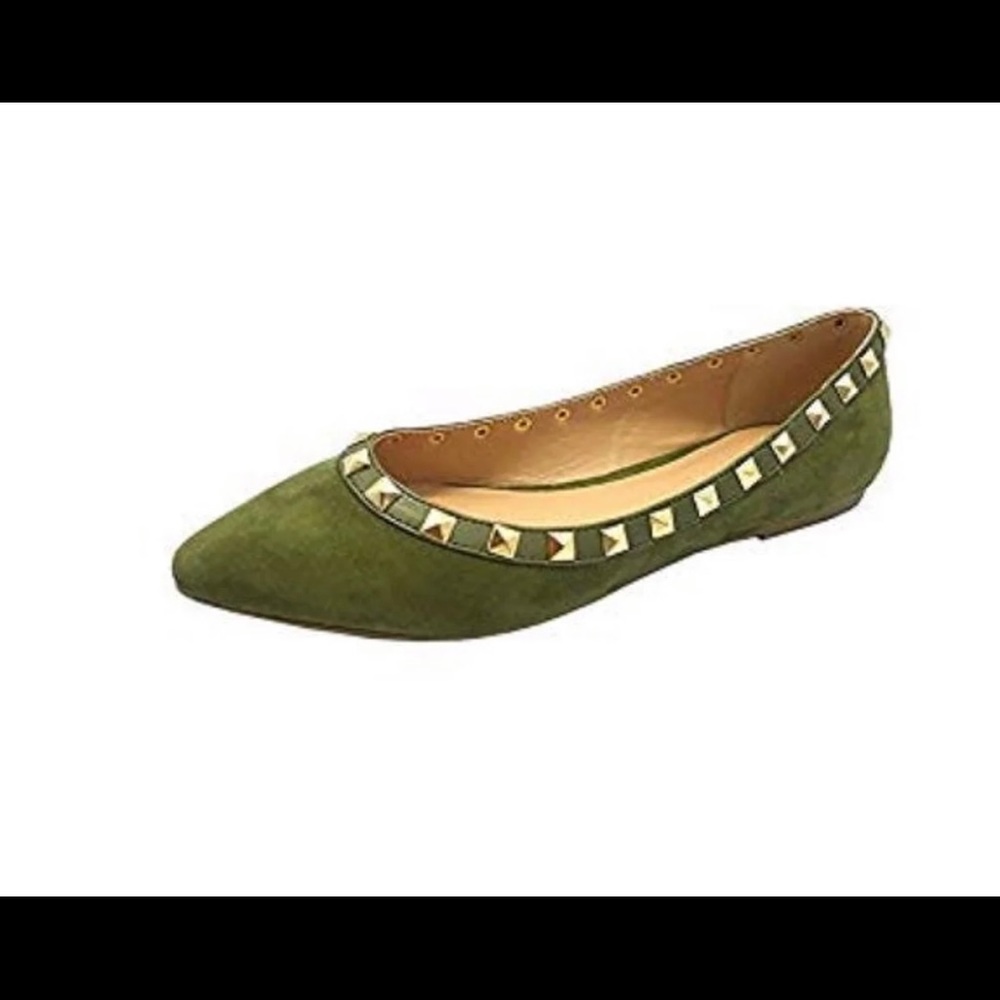 Valentino-like Studded Green Flat Shoes